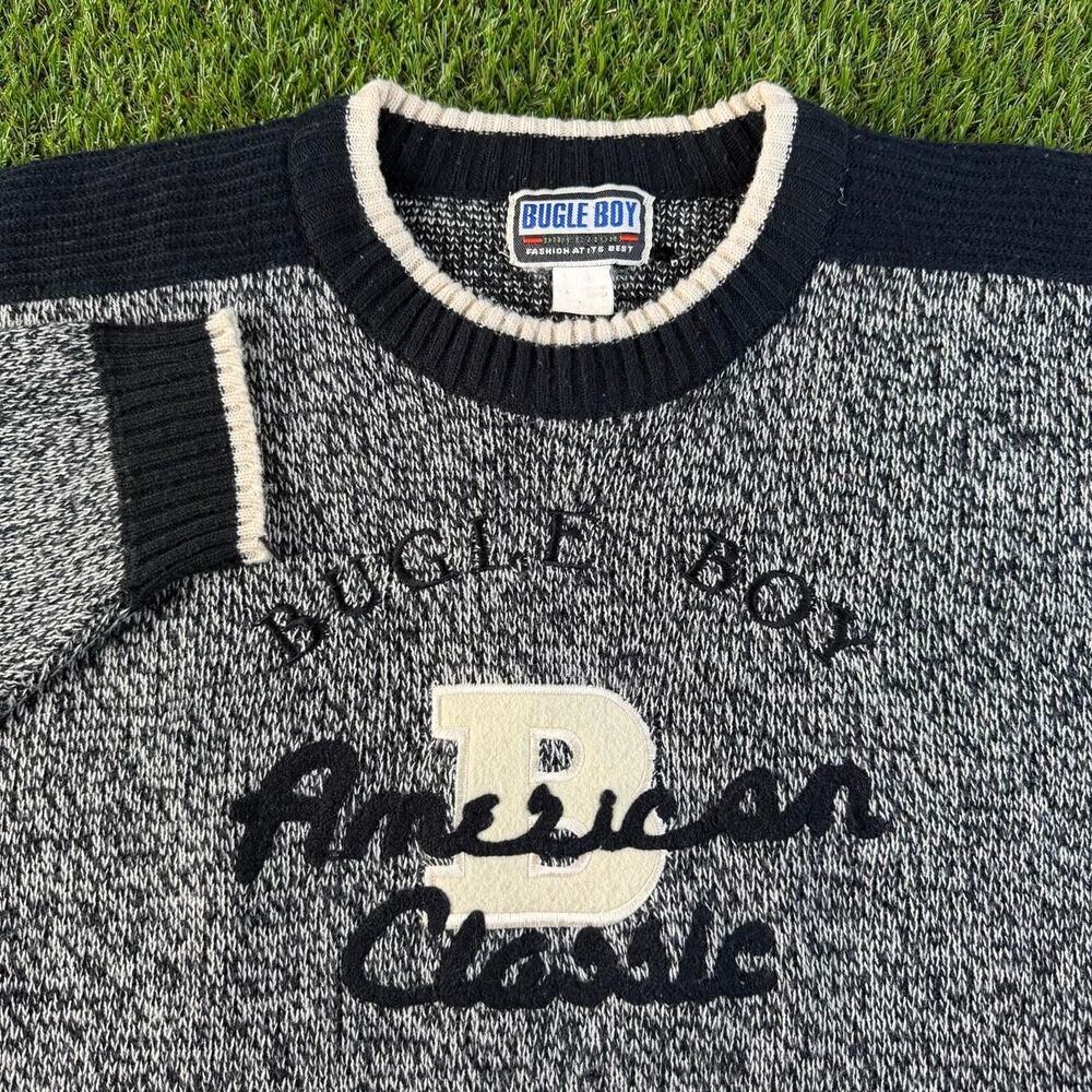 Vtg Bugle Boy American Classic Sweater XL Black & Gray Spell Out Logo Preppy 90s